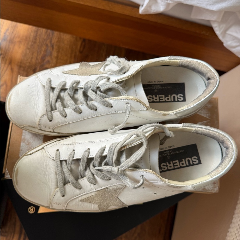 Golden Goose White and Silver Sneakers
